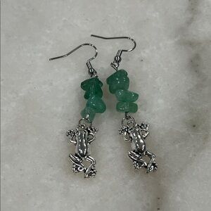 Silver Frog Earrings with Green Aventurine Beads